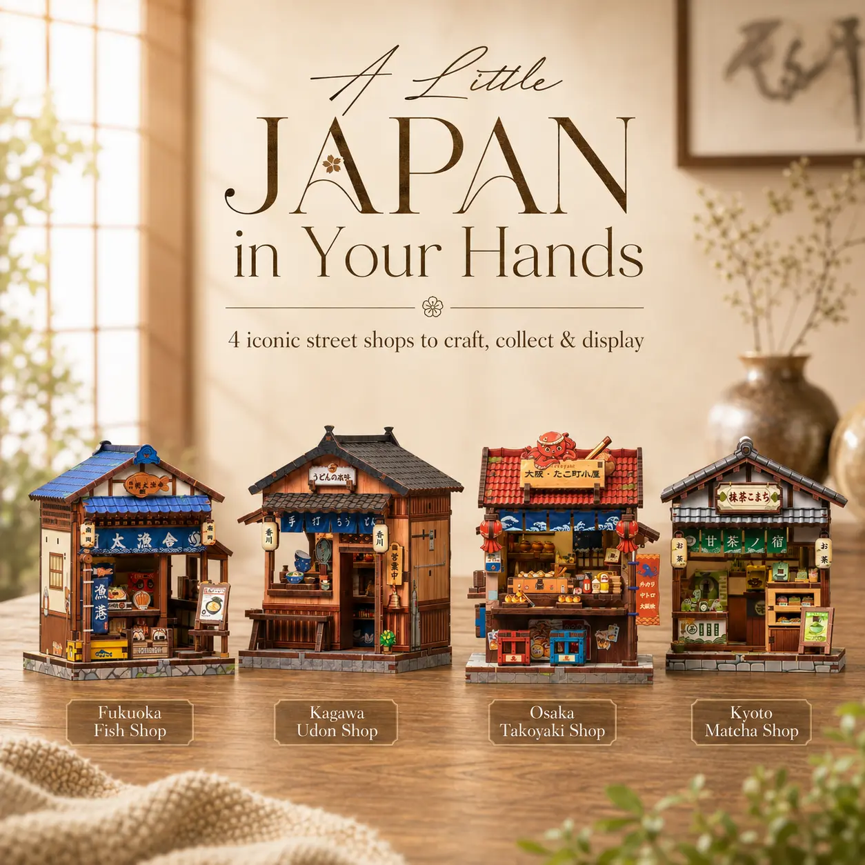 CUTEBEE Unisex DIY Kit Set – 4-Piece Japanese Miniature Shops Wooden Pieces Build Kit, Takoyaki Udon Matcha Seafood Store Models, Gift for Adult Crafters & Cozy Home Decor