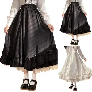 Solid Double Layer Lolita Skirts Women Vintage French Ruffled A-line Skirt Hepburn Style White Ruffled Long Skirt Falda Womenswear Bottom