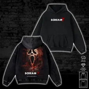 Scream 7 "The Mask Never Comes Off" Horror Movie Double Sided Washed T-shirt Hoodie Sweatshirt Tanktop - Premium 100% Cotton Apparel | Horror Film Streetwear graphic tee merch unisex oversized top