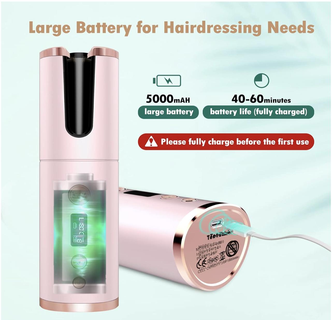 Cordless Automatic Hair Curler, Auto Curling Iron with LCD Display Adjustable Temperature & Timer, Ceramic Hair Curler USB Charging and Rechargeable, Portable Hair Styler for Travel (Pink)