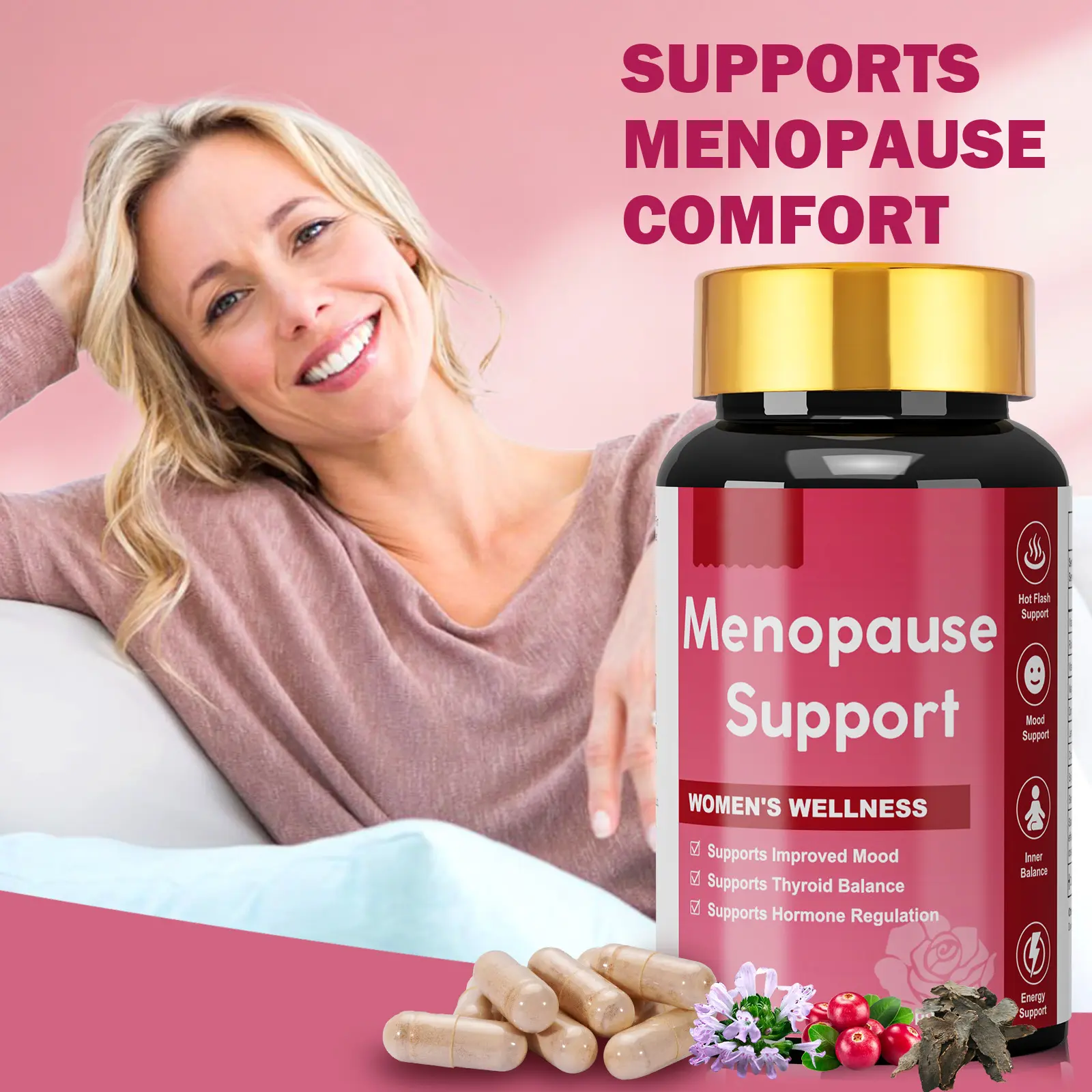 Menopause Support Supplement for Women, Black Cohosh, Dong Quai & Soy Isoflavones, Supports Hot Flash Comfort, Night Sweats, Mood & Sleep, 60 Capsules