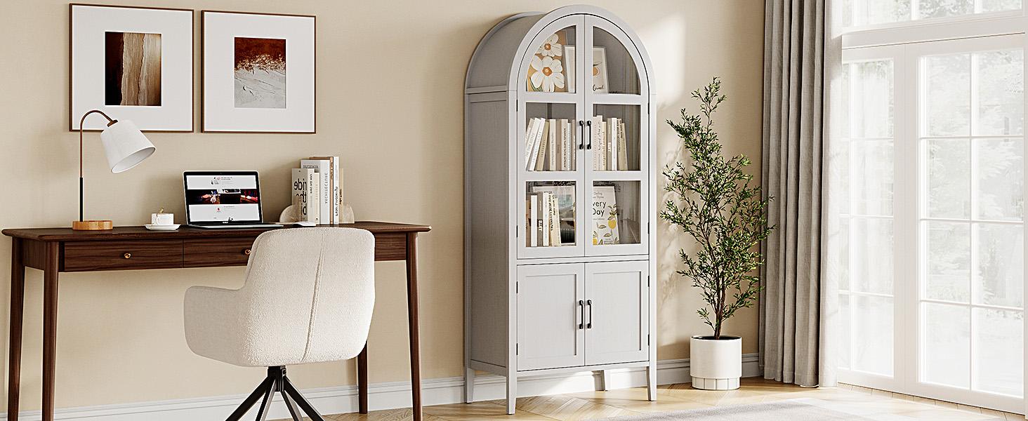 【SPRING GLOW UP】ONBRILL 71''Tall Arched Storage Display Cabinet, 5-Tier Kitchen Pantry With Glass Doors & Shelves 【SPRING GLOW UP】ONBRILL 71''Tall Arched Storage Display Cabinet, 5-Tier Kitchen Pantry With Glass Doors & Shelves