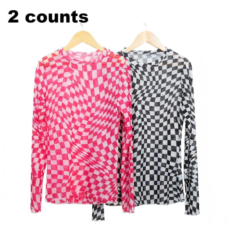 Znacicc Women's Super Chic Checkered Mesh Mock Neck  Winteroutfit Long Sleeve Top - Chic Shirt for Women - Womenswear
