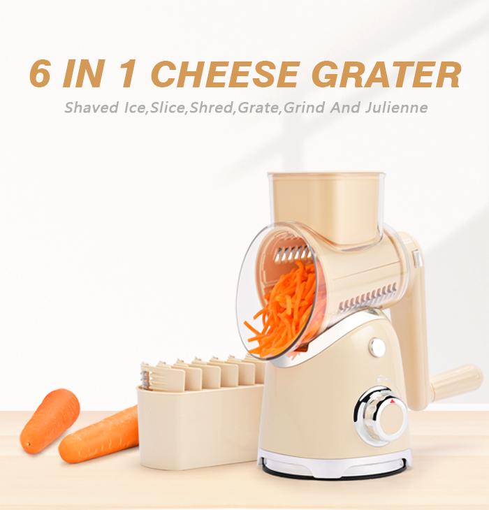 SUSTEAS Rotary Cheese Grater with 5 Replaceable Blades, Strong Suction Cup Base, BPA Free, Kitchen Essentials Utensils Vegetable Slicer New Beige Modern Potato Cutter