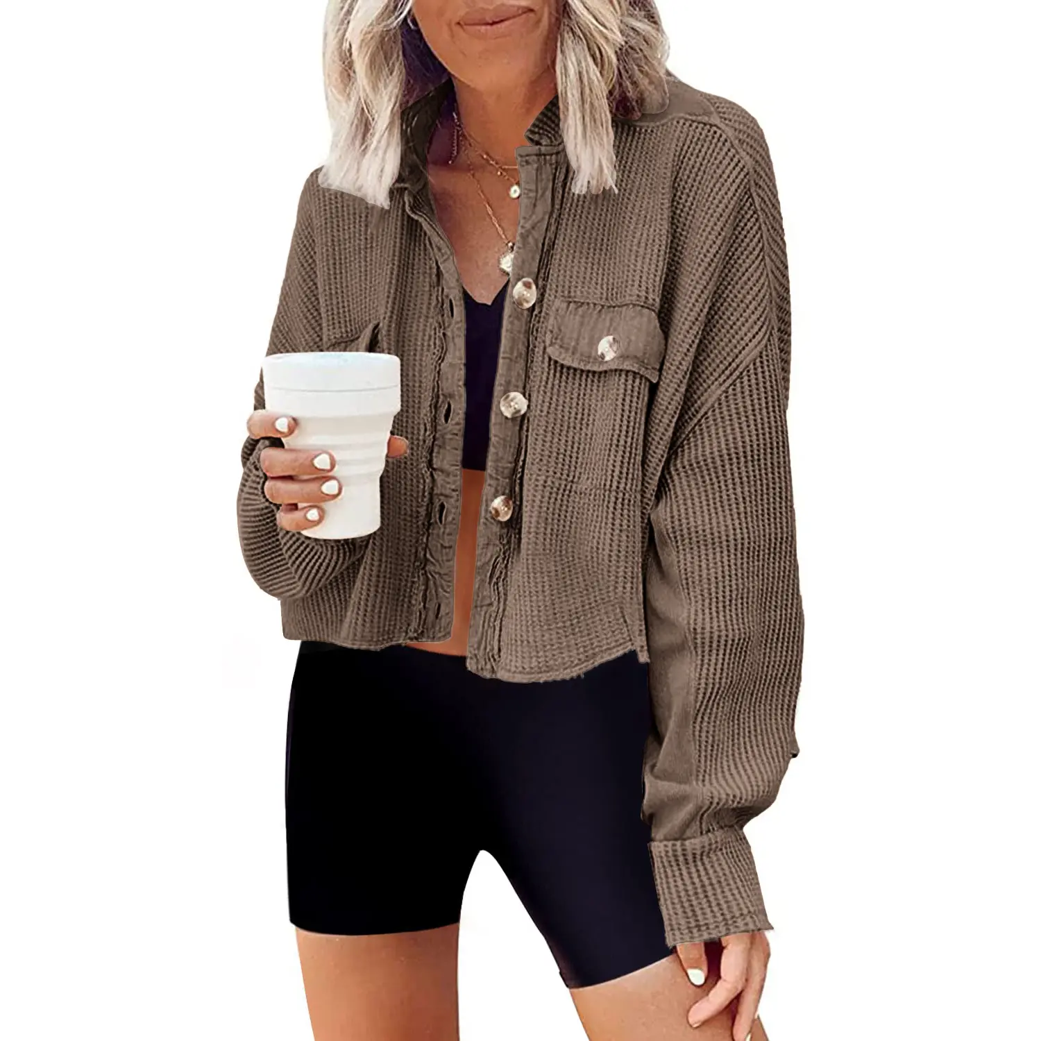 Chouyatou Women's Knitted Batwing Long Sleeve Collared Lightweight Short Waffle Jacket, Autumn Casual Cropped Shirt Jacket with Chest Pockets, Loose, Waffle Knitted Material, Cotton, Coats, Pregnancy, Tops, Longsleeves, Clothes, Elegant, Basic, Lady, Crop