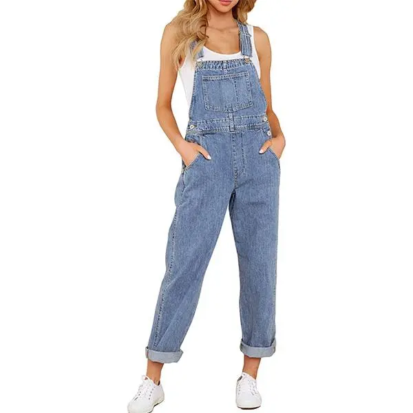 Luvamia Women's Blue Mist Denim Bib Overalls - Adjustable Strap, Casual Stretch Fabric, Fitted Tapered Leg Jumpsuits for Women