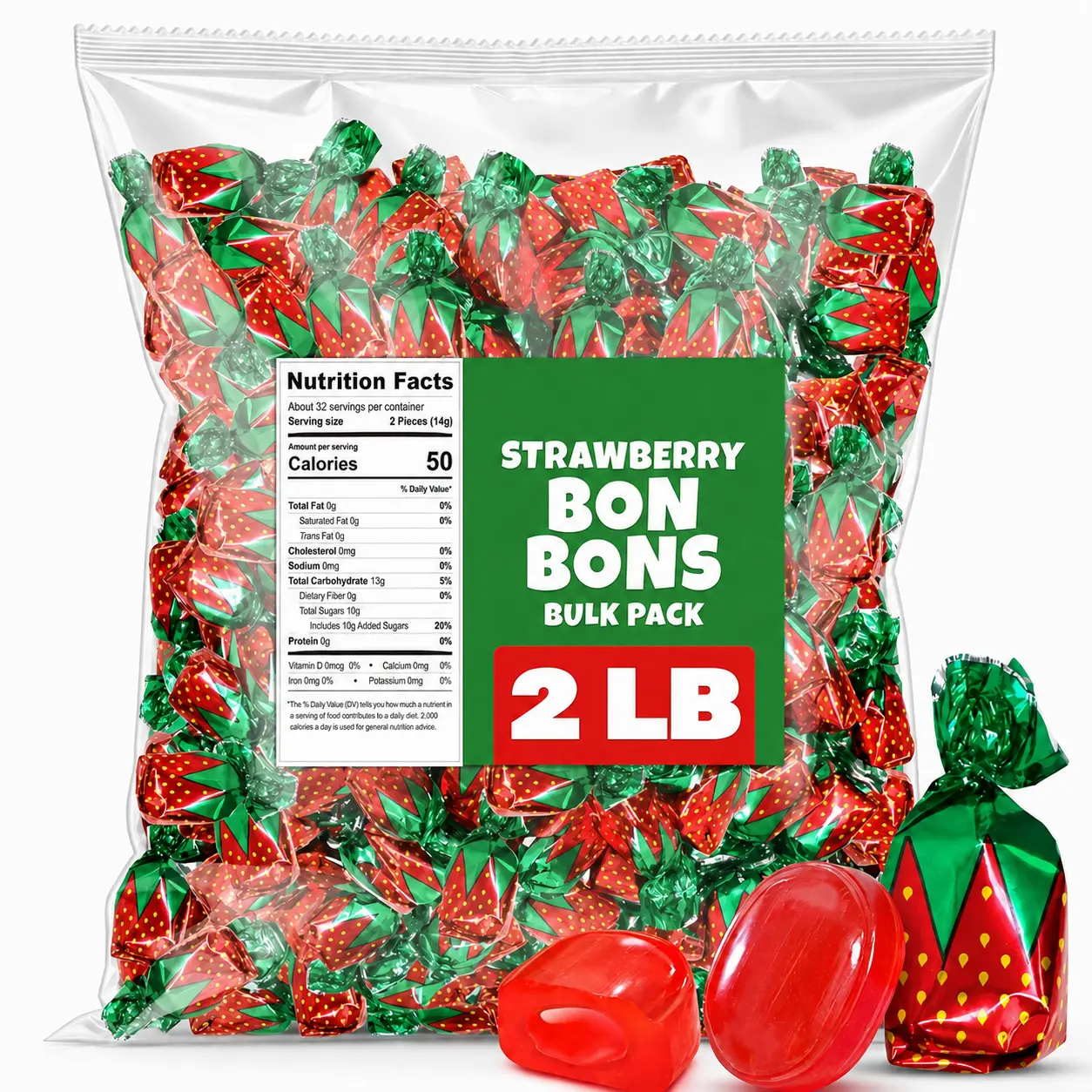 Strawberry Filled Hard Candy Bon Bons, 2 lb Bulk Pack, Individually Wrapped Fruit Filled Candy, Sweet Treats for Parties, Candy Bowls, Holidays & Everyday Snacking