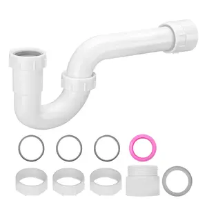 P-Trap, 1-1/2 Inch P-Trap Sink Drain Pipe Kit With Threaded Adapter And TPU Leak-Resistant Washers, PP Plastic Basin Waste Kit For Under-Sink Plumbing In Kitchen And Bathroom, Sewer Drain, White