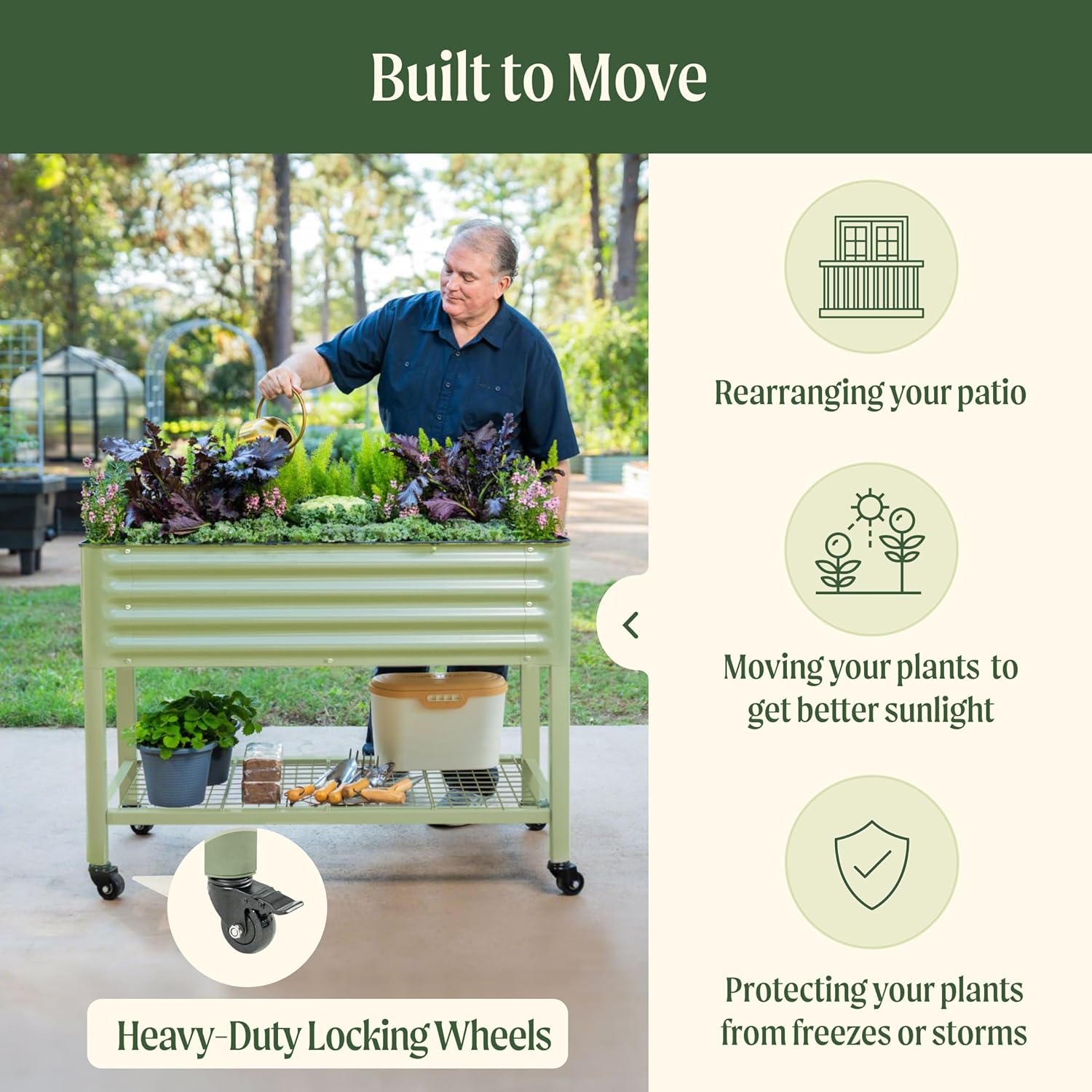 Vego Garden Rolling Elevated Raised Garden Bed V Series with Lockable Wheels & Storage Rack for Patio Porch 700 Lbs Capacity Outdoor Planter Box for Vegetables Flowers Herbs Heavy Duty Olive Green