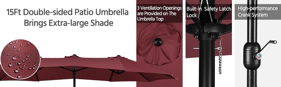 【Crazy Price】Yaheetech 15/13ft Heavy Duty Canopy Double Layer Cloth Patio Umbrella with 12 Ribs Hand Crank for Easy Opening 2 Sandbags Outdoor Design for Garden Pool and Lawn