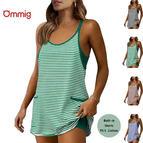 Ommig Women's Fitted Sleeveless Retro Striped Cotton Active Dress - Chic V-Neck Sportswear with Built-in Shorts, Above-the-Knee Figure-Flattering Fit for Running, Casual Parties