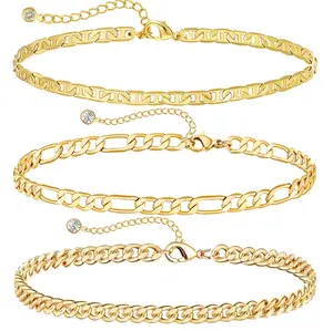 Dainty 14K Gold Plated Ankle Bracelets for Women, Waterproof 14K Gold Plated Link Chain Anklets Non Tarnish Set Pack Summer Beach Jewelry Gift