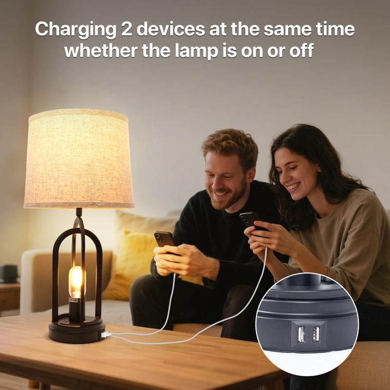 GLITGATE Set of 2 Rustic-Style Table Lamp, Natural Table Lamp with 2 USB Ports, Bedside Table Lamp with Button Control, Modern Night stand Lamp, Desk Farmhouse Lamp with Fabric Shad For Bedroom, Living Room, Reading, Decorative Home