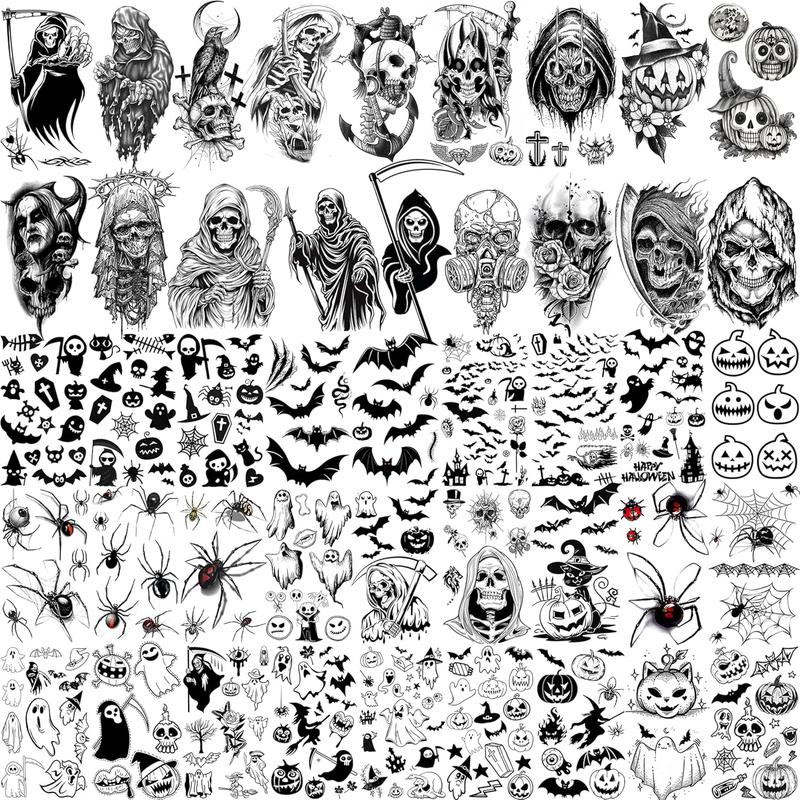 61 Sheets Halloween Temporary Tattoos for Men Women Adults, 12 Sheets Skeleton Death Skull Demon Devil Half Arm Sleeve Fake Tattoo Stickers, 49 Sheets Spider Web Bat Snake Vampire Scar Face Tattoos cohesive tattoos