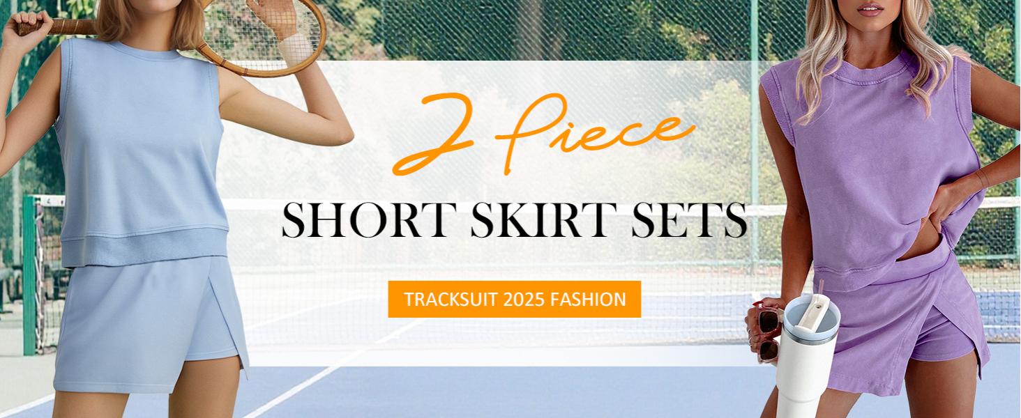 Women's 2 Piece Set Mineral Washed Cotton Loungewear Set Summer Tank Top Lined Split Athletic Skirt Suits