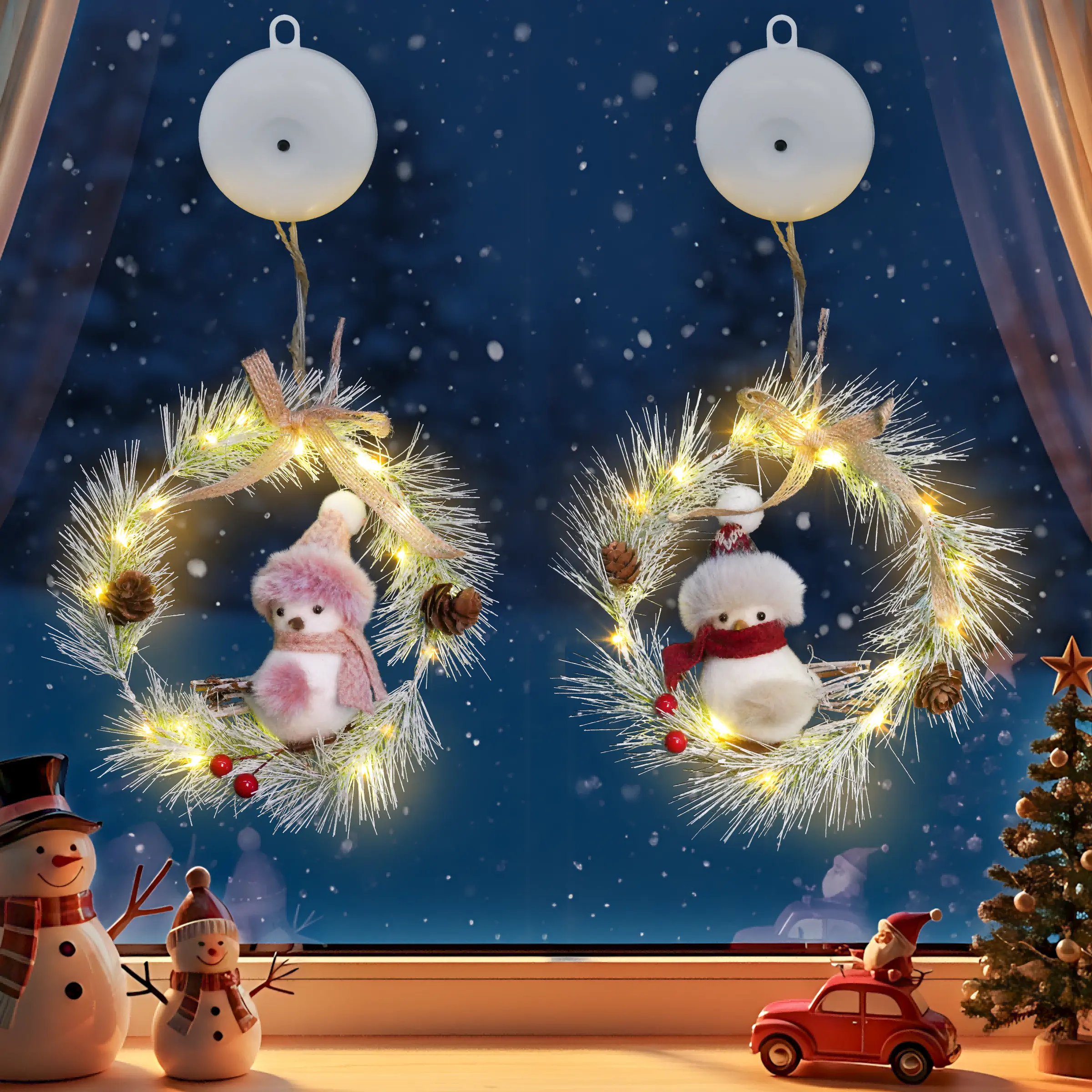 SUDDUS Christmas Window Lights with Suction Cups, 2 Pieces Wreath String Lights