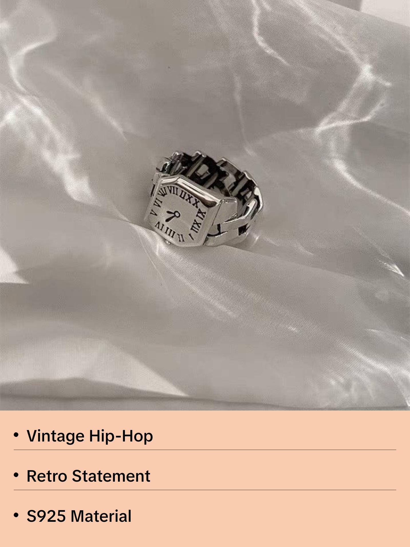 925 Silver Roman Numeral Clock Ring with Silver Band