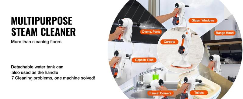 VEVOR Steam Mop Sweeper, 8-in-1 Hard Wood Floor Cleaner with 7 Replaceable Brush Heads, for Various Hard Floors, Like Ceramic, Granite, Marble, Linoleum, Natural Floor Mop with 2 pcs Machine