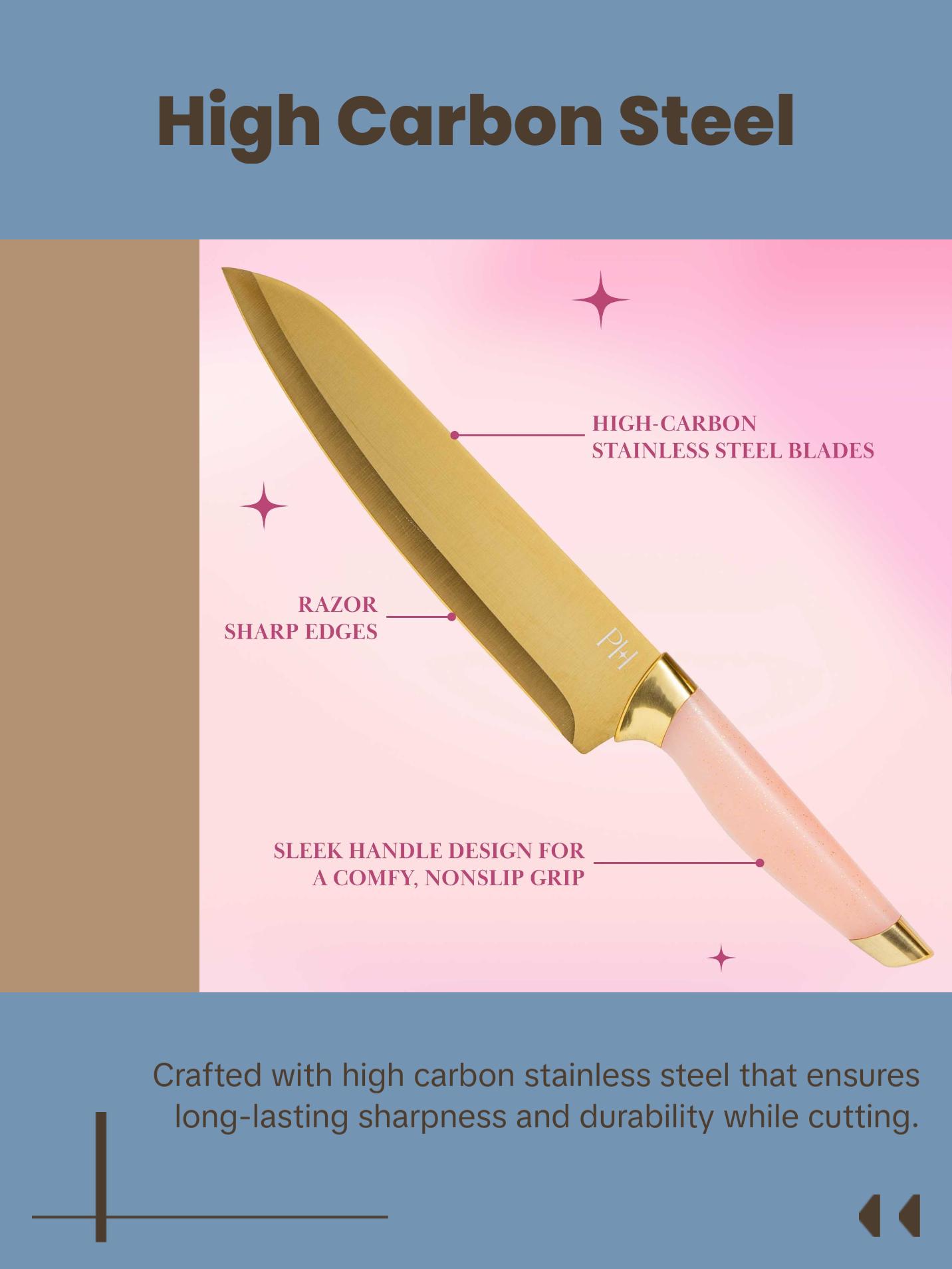 Paris Hilton Knife Block Set with Magnetic Wooden Knife Block, High Carbon Stainless Steel Blades, Titanium Coating, 6-Piece Set, Pink & Gold Paris Hilton Knife Block Set with Magnetic Wooden Knife Block, High Carbon Stainless Steel Blades, Titanium Coating, 6-Piece Set, Pink & Gold