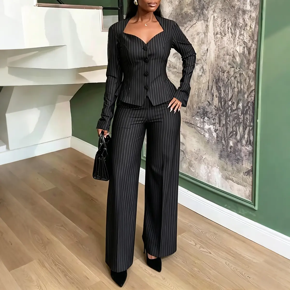 CHICME Women's 2 Piece Stripe Suit Elegant Sweetheart Neck Peplum Blazer and High Waisted Wide Leg Pants Business Outfits