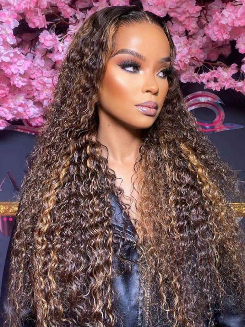 Unice  Water Wave Wig Black with Golden Brown Highlights Bye Bye Knots Pre-cut 7x5 HD Lace Closure Human Hair Wigs Natural Scalp Ready to Wear Beginners Friendly SpringStatements