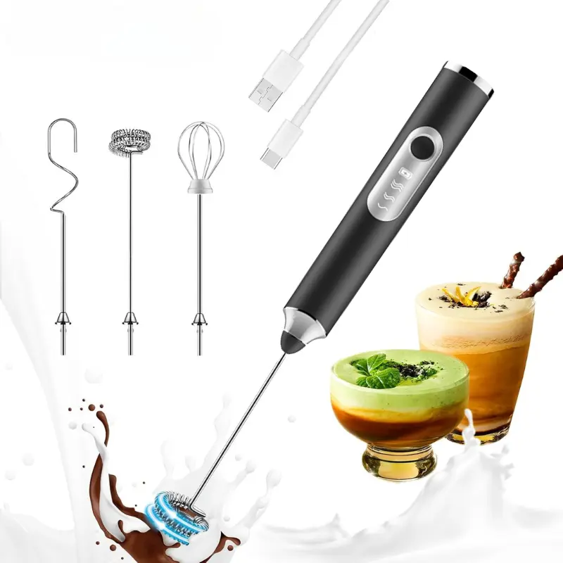 Cordless Handheld Rechargeable Milk Frother - USB-C Coffee Accessory, Electric Whisk Drink Mixer with 3 Detachable Stainless Steel Heads, 3 Speeds, Compact, for Lattes/Cappuccino, Black/White (No Stand)