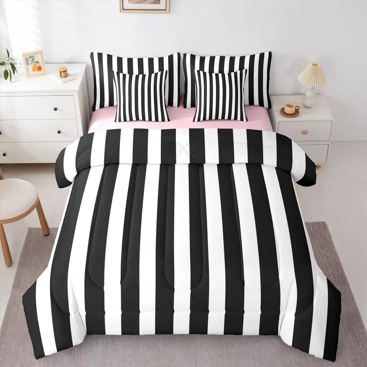 Black and White Striped Comforter Set with Sheets | Striped 7-Piece Bedding Set Pink and Black Bed in a Bag Adults Cute Pinstripe Bed Quilt Sets