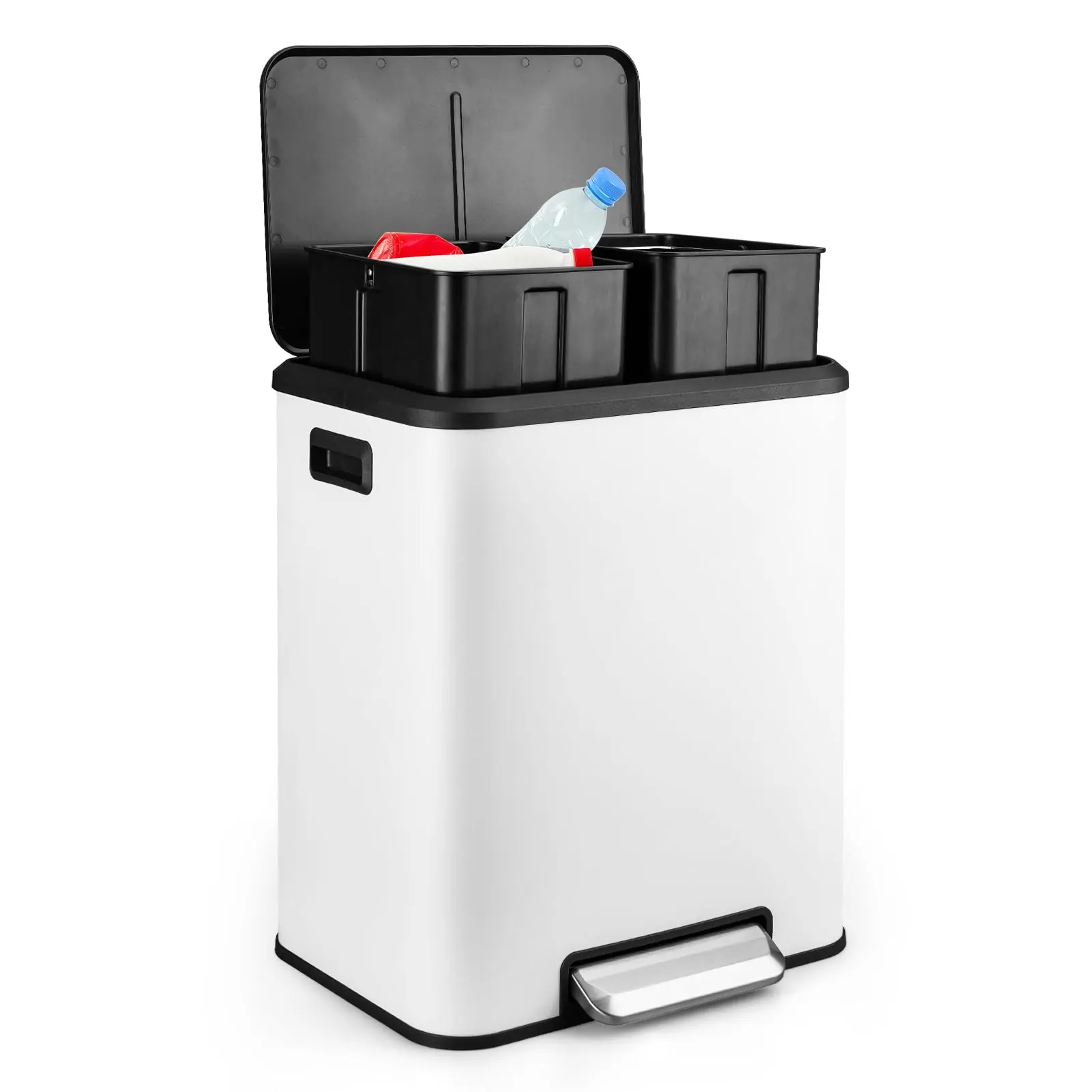 【Black Friday】GARVEE Touchless Dual Step Trash Can and Recycling Bin - 8 Gallon Capacity with Soft Close Lid, Ideal for Kitchen, Dining, or Living Room, Stainless Steel Finish, Features 2x15L Rectangular Bins for Efficient Waste Management.