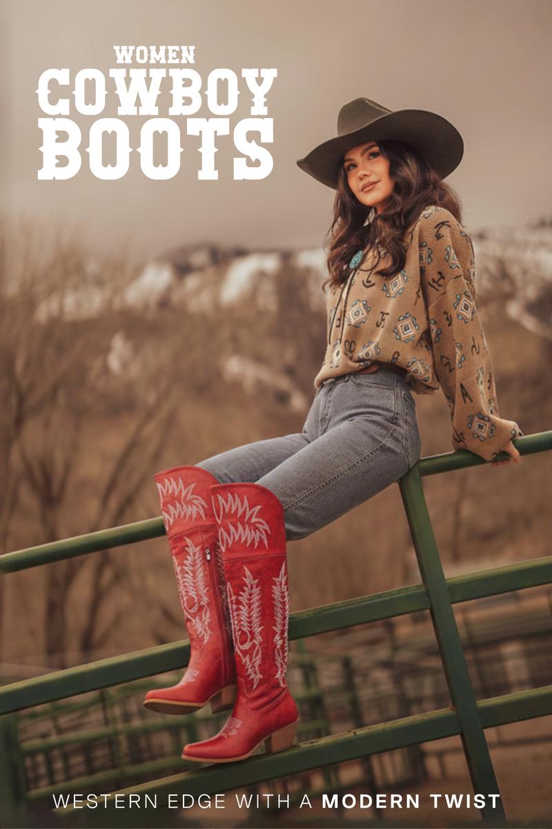 CELNEPHO Women Cowboy Boots Pointed Toe Classic Embroidered Chunky Block Heel Side Zipper Closure Over the Knee Western Boots Spring Party Cowboy Festival Valentine Dress Shoes