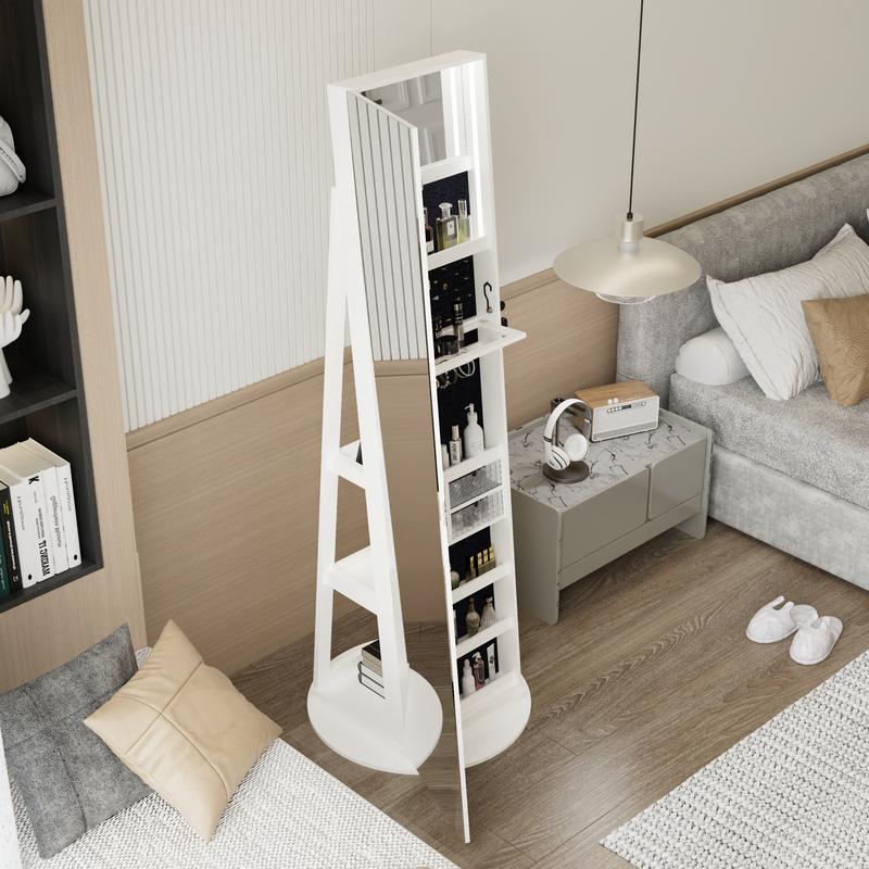 LED Mirror Jewelry Cabinet, 360° Swivel Rotating Armoire Organizer with Lock & Full-Length Mirror, Standing Storage