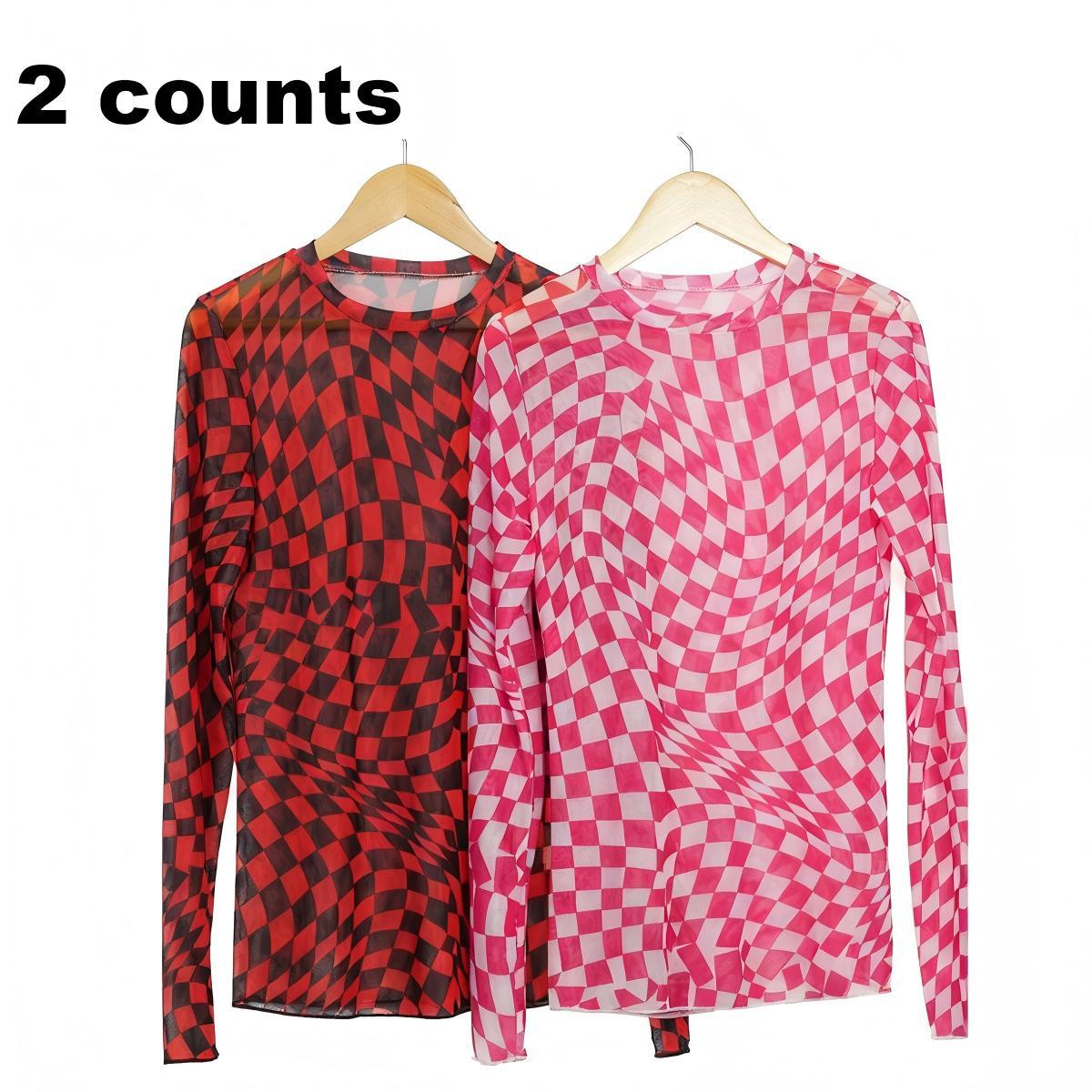 Znacicc Trendy Women's Classic Checkered Pattern Mesh Mock Neck Comfortable Winteroutfit Long Sleeve Top - Lightweight for Daily & Casual Wear