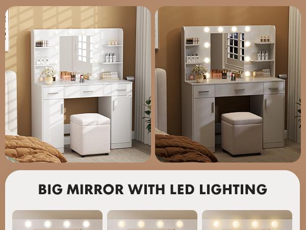 White Vanity Desk with Lighted Mirror & Power Outlet, Makeup Vanity with 3 Drawers, 4 Shelves, Cabinet & Hair Dryer Holder for Bedroom Girls