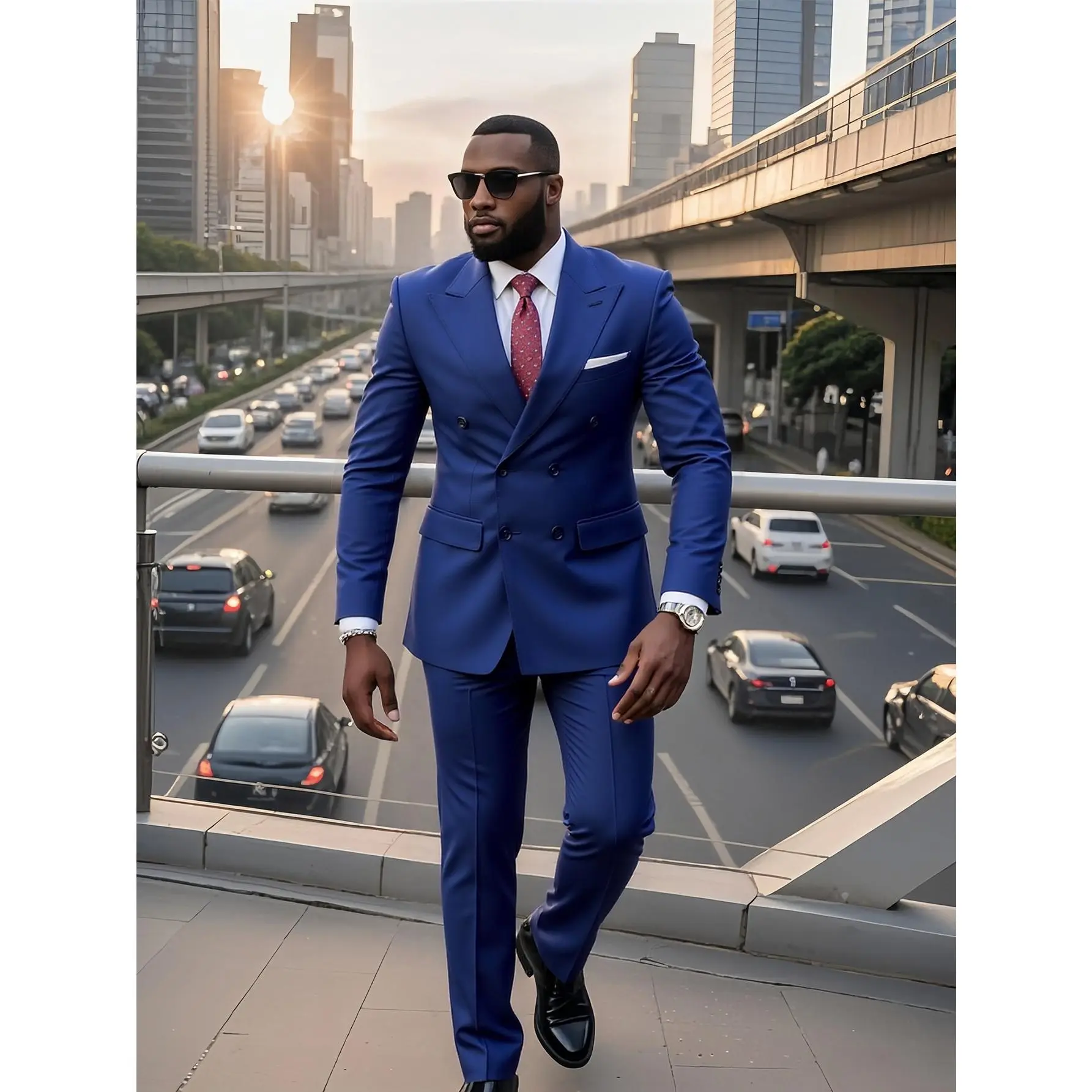 Men's 2-Piece Slim Fit Plain Long Sleeve Double Breasted Suit Set - Blazer, Flat-Front Clean Pants, Buttoned Closure, Stylish Suit with Tie for Business & Formal Wedding Wear, Slim Fit Polish Solid Colors