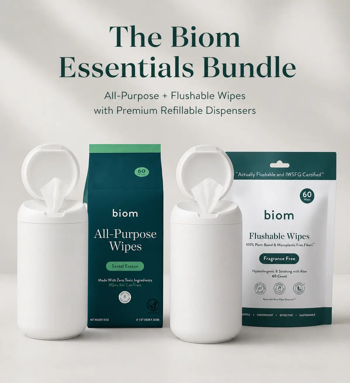 The Biom Essentials Bundle – All-Purpose (60 ct) & Flushable Wipes (60 ct) with 2 Premium Refillable Dispensers