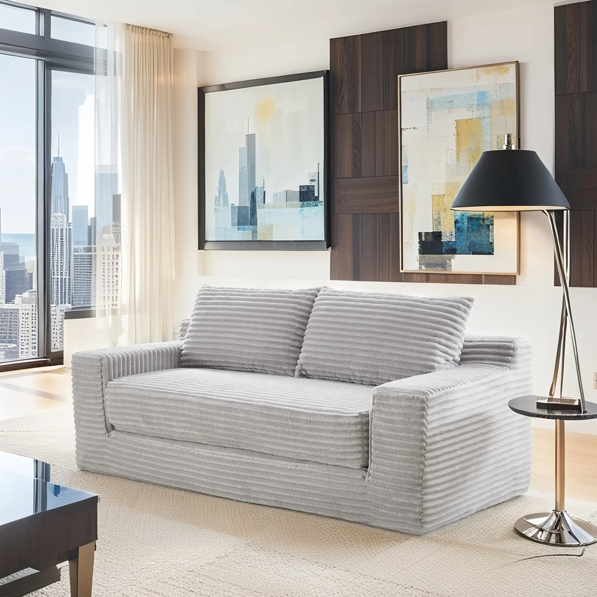 Plush Small Corduroy Chic Boneless Cloud Sofa - 2-in-1 Convertible Loveseat with Memory Foam, Space-Saving Compact Fit, Effortless Transformation, Fully Built Couch-in-a-Box for Living Room, Renters