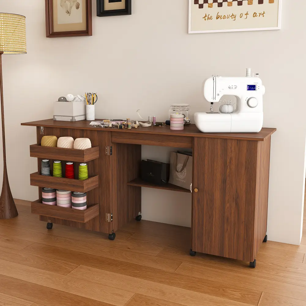 littleox 57.5 inch Foldable Sewing Machine Table with Locking Casters Adjustable Multi Storage Craft Station with Shelves Bins Cabinet Sewing Cabinet Office Desk for Home Bedroom Craft Room Walnut