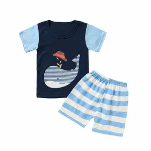 Baby Boy Whale Print Outfit 2-Piece Short Sleeve Tee & Striped Shorts Set 6M-5T Comfortable Stylish 95% Cotton 5% Polyester Adorable Playdate Wear