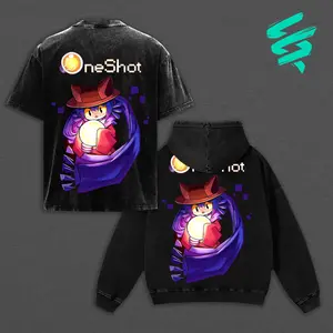 OneShot Niko Graphic Print Heavyweight Washed Hoodie, Streetwear Vintage T-Shirt, Retro Gaming Aesthetic Sweatshirt, Premium Cotton Oversized Apparels, Niko One Shot Game Merch, Black Acid Wash Tee