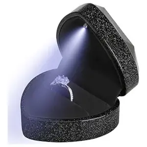 Heart Shaped Ring Gift Box with LED Light, Velvet Earrings Jewelry Case with Light, Jewellry Display Box for Wedding, Engagement, Proposal, Birthday and Anniversary (Sky Black)