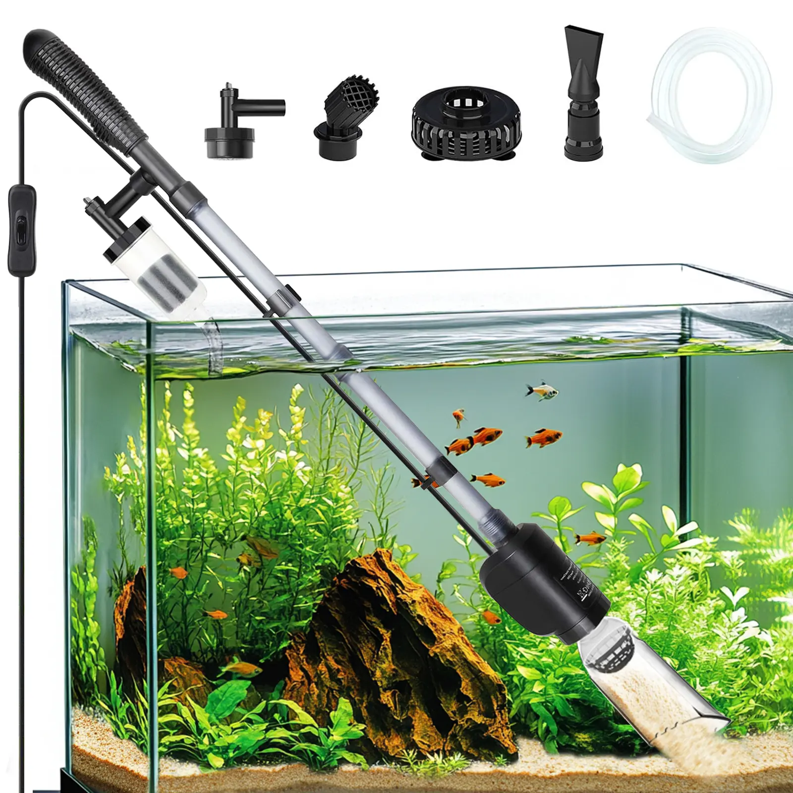 AQQA Aquarium Gravel Cleaner - Electric Automatic 6 in 1 Multi-FunctionalAquarium Cleaning Tools Se Water Changer  Sand Algae Cleaner Filter Changer  for Fish &Turtle Tank— Not suitable for fine sand (risk of clogging)
