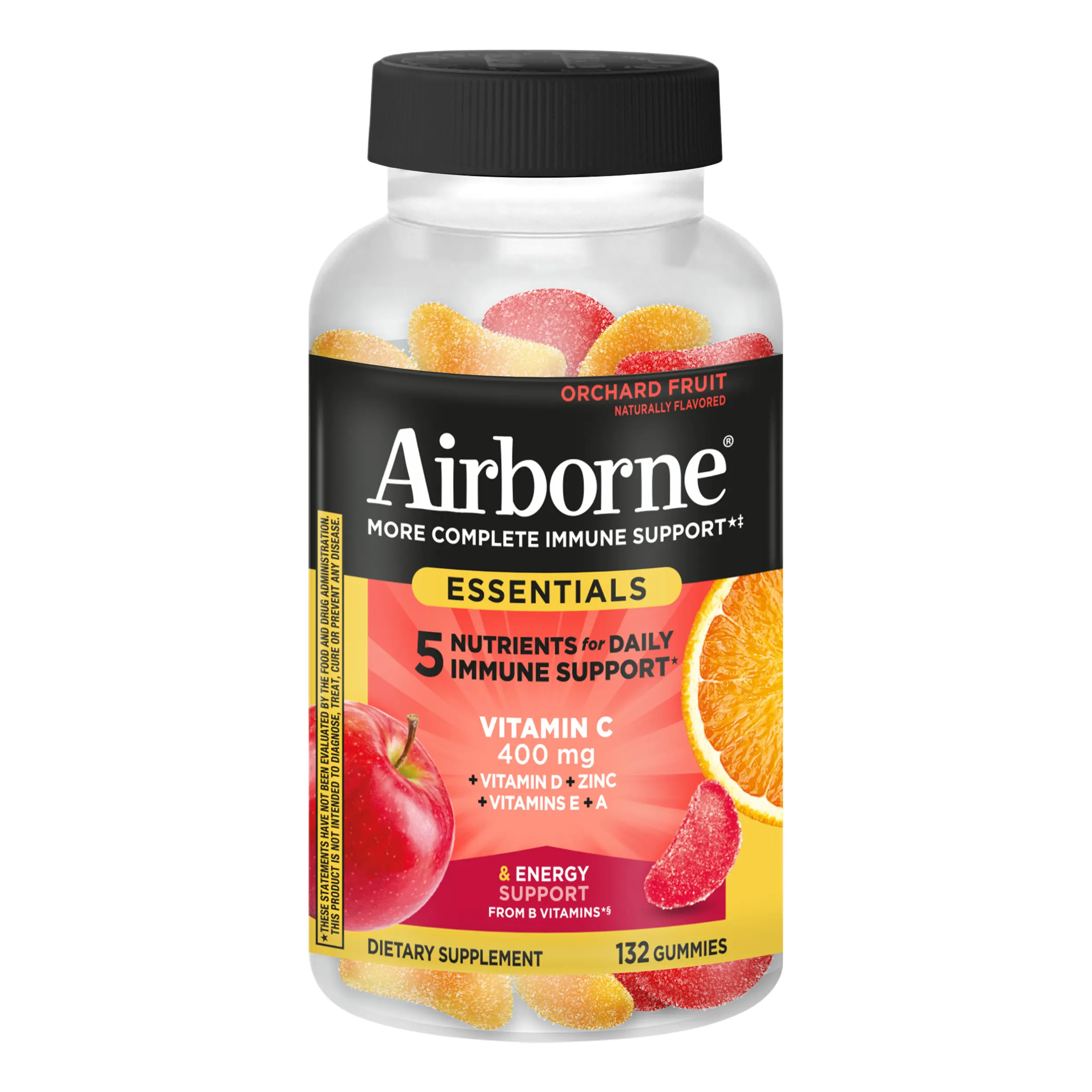 Airborne 400mg Vitamin C Gummies, Dietary Metabolism Support Immune Supplement for Adults & Kids with Vitamin D, E, A & Zinc - 132 Orchard Fruit Flavor Gummies, Healthcare
