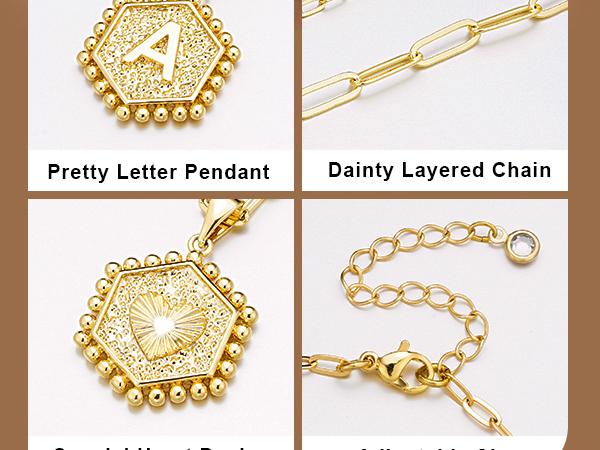 Turandoss 14K Gold Plated Hexagon Initial Necklace – Dainty Layered Pendant Necklace for Women, Cute Everyday Gift Jewelry