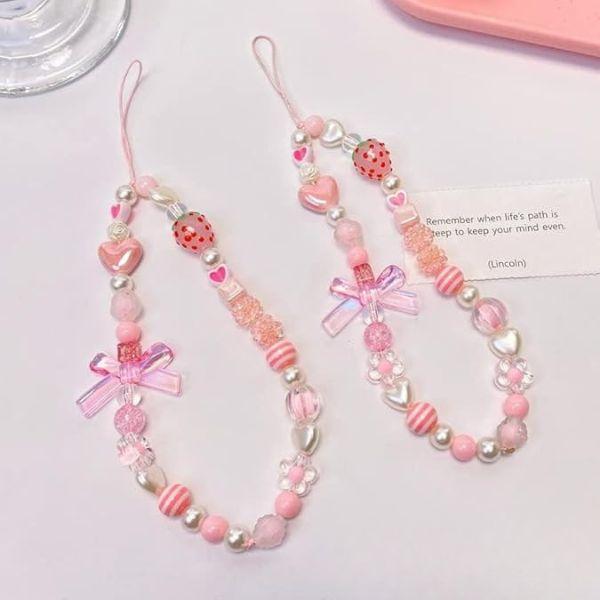 Cute Phone Charms Strap for Smartphones – Aesthetic Beaded Pearl Love Chain Phone Lanyard, Kawaii Phone Jewelry Wrist Strap, Perfect for Christmas Gift