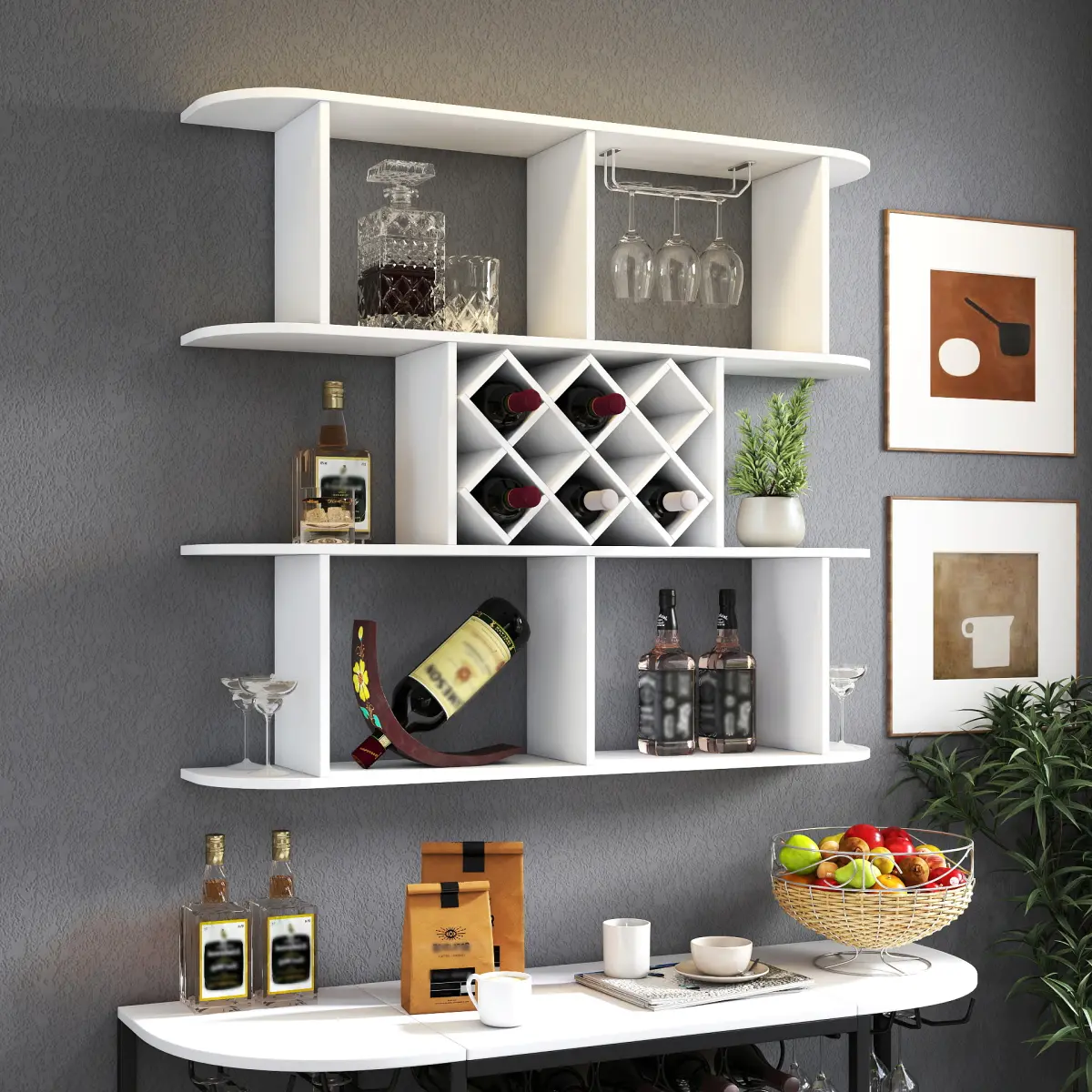 Classic Glam Wall-Mounted Wine Rack - 3-Tier Melamine Finish Particle Board Unit with Wine Glass Holder, Storage, 10 - 15 Kg Stable Capacity, Rounded Corners, Living/Dining Room Display Shelf, Indoor Furniture (Assembly Required)