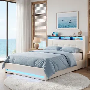 Upholstered Lift Up Storage Bed Frame with LED Lights and Charging Station, Platform Bed, No Box Spring Needed