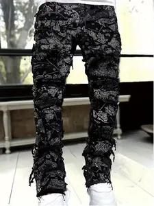 Men's jeans, European and American street style, trendy straight leg with elastic patch design.