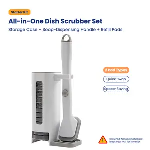 Dish Brush & Soap Dispenser Dish Scrubber Set with Wall Mount 2 Replaceable Non Scratch Heavy Duty Pads Formaldehyde Free Kitchen Scrub Brush for Dishes Nonstick Cast Iron Gray Sponges kit home cleaning