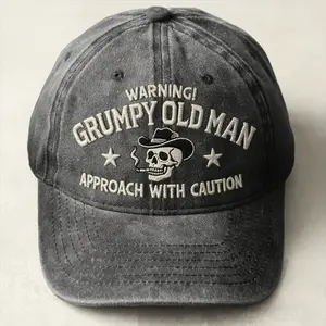 Warning Grumpy Old Man Embroidery Washed Cap, Funny Vintage Skull Dad Hat, Approach With Caution Quote, Adjustable Cotton Cap For Gen X Boomers, Casual Everyday Hat