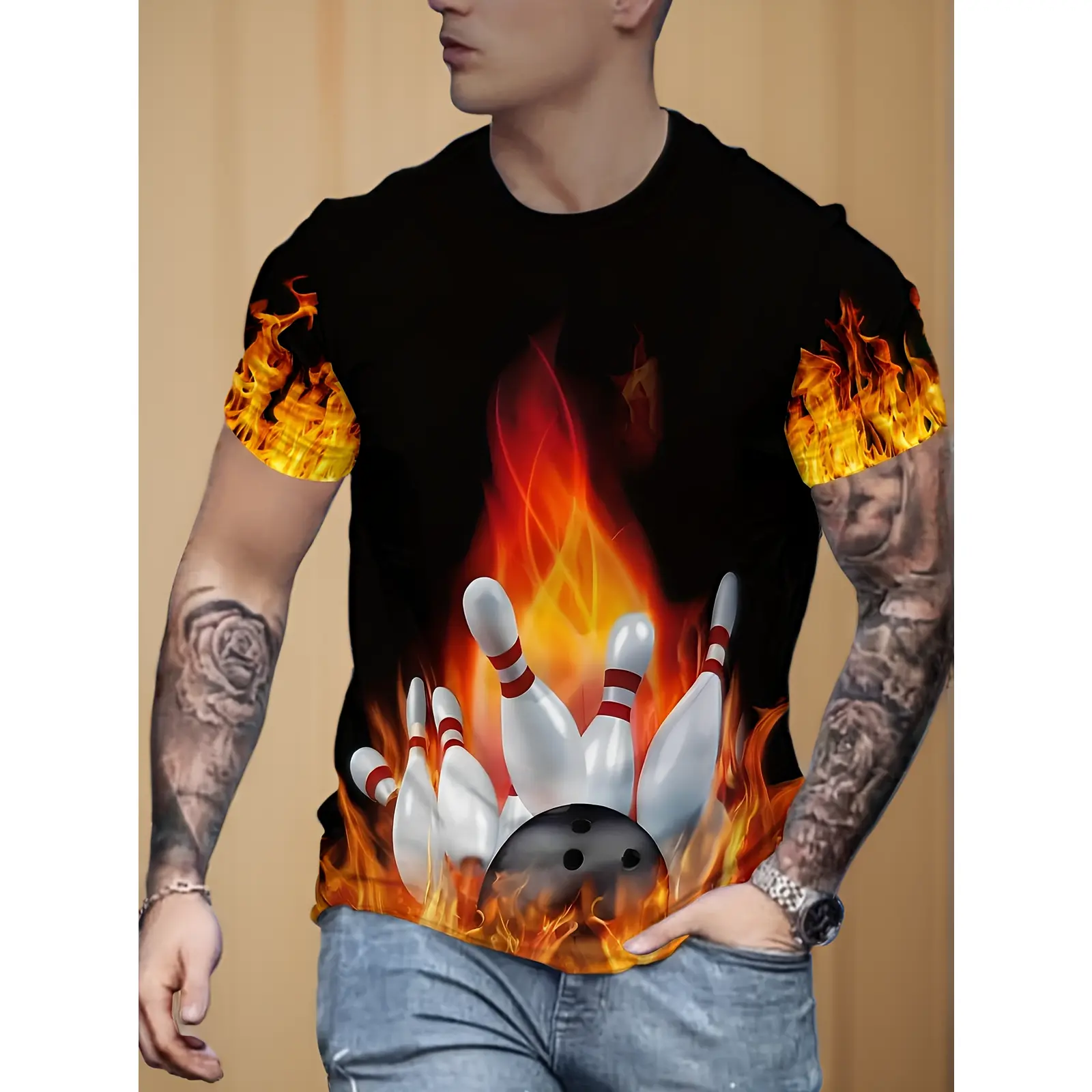 Men'S 3D Bowling Shirt Featuring a Flame Pattern - Matte End with Dynamic 3D Prints, Black Casual Round Neck, Machine Washable Fun Top, Perfect for Bowling Enthusiasts And Themed Parties| Bold Flames And Bowling Graphics, Plus Size