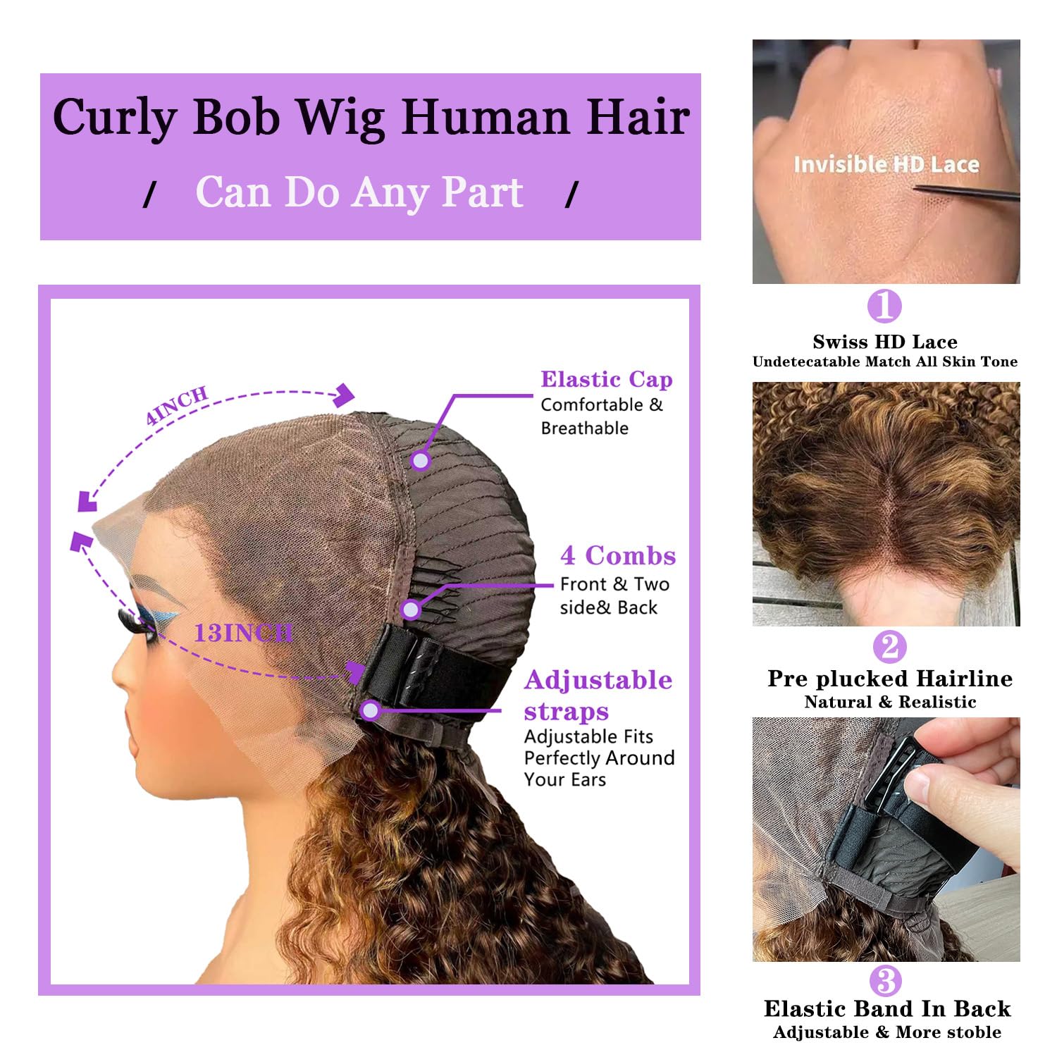 14 Inch Highlight Curly Bob Wig Human Hair Glueless Wigs for Black Women P4/27 Shoulder Length Curly Human Hair Wig Ombre Honey Blonde Lace Front Wigs C Part Natural Hairline